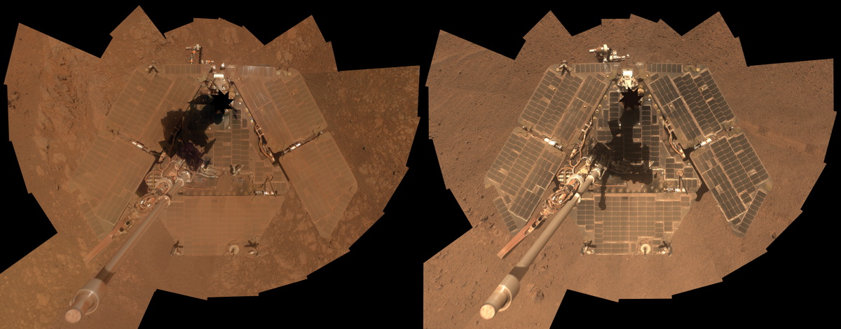 Un autoritratto scattato da Opportunity mostra che gran parte della sabbia depositata sui pannelli è stata rimossa dal vento. Credits: Nasa.gov