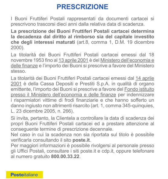 Avviso alla clientela su prescrizione buoni fruttiferi cartacei. Fonte: Poste Italiane