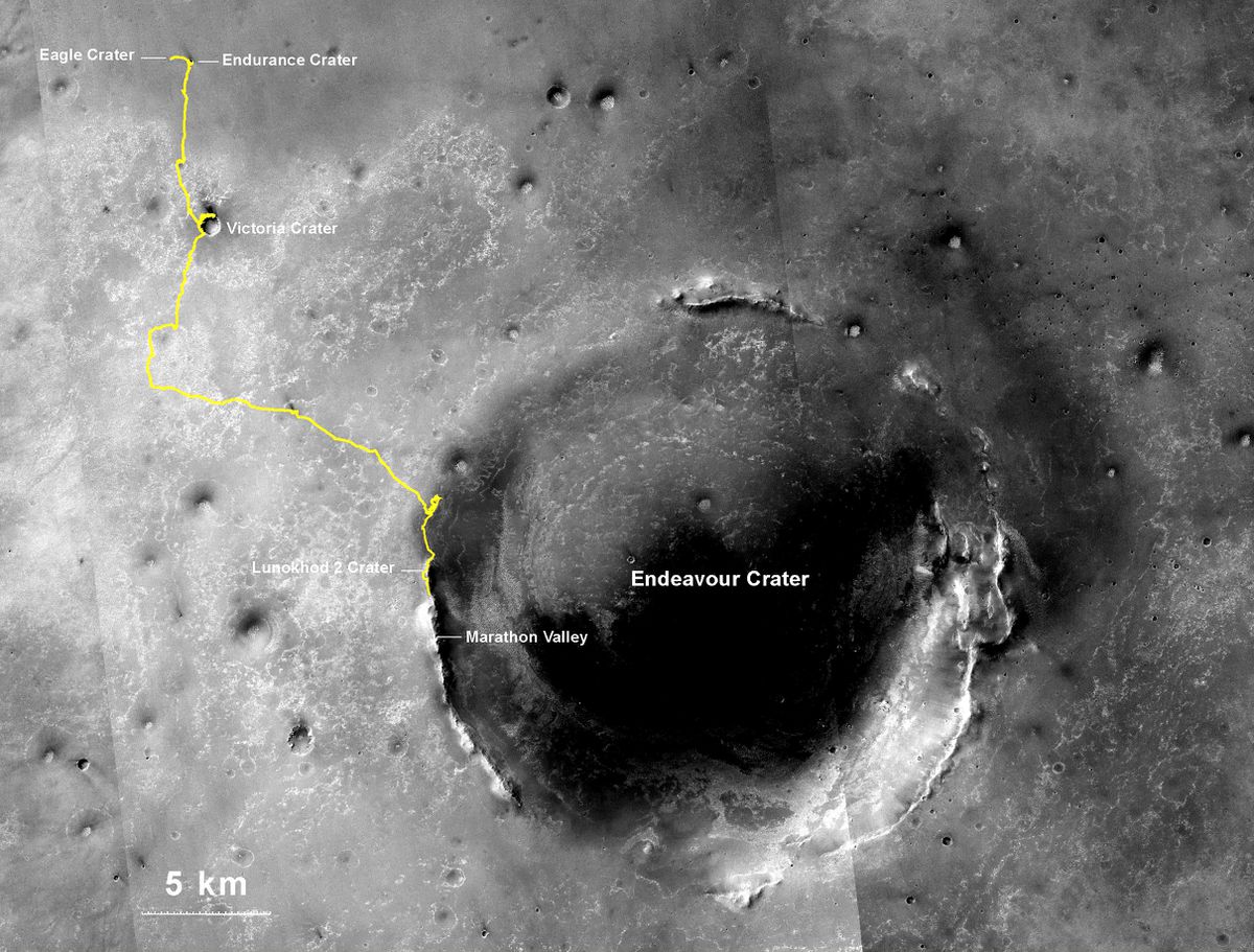 Percorso compiuto dal rover, dal cratere Eagle al Cratere Endeavor. Credits: NASA