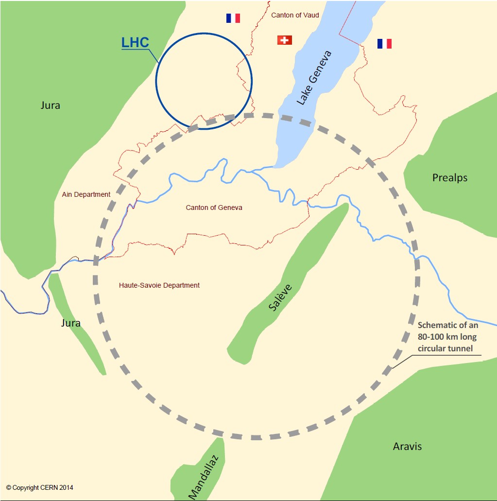 Rappresentazione schematica del luogo in cui dovrebbe essere scavato il tunnel del Future Circular Collider. Crediti: Cern