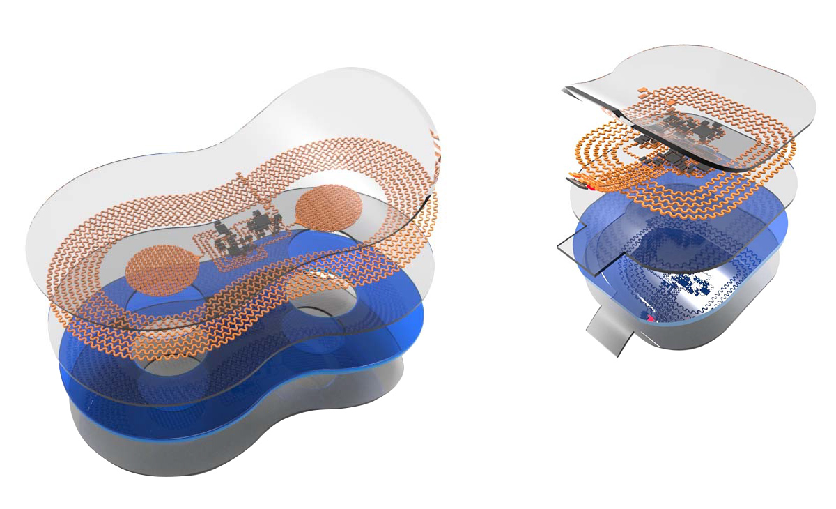 Il sensore di sinistra, che viene applicato sul petto, misura 5x2.5 cm, mentre quello a destra, da applicare su un piede, misura 2.5x2 cm.Credits: Northwestern University