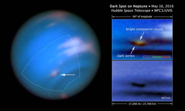 Nubi chiare e Grande Macchia su Nettuno:Crediti: NASA, ESA, Hubble Telescope