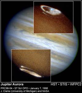 Le aurore indotte dal fortissimo campo magnetico di Giove.Crediti: www.planetariumpythagoras.com