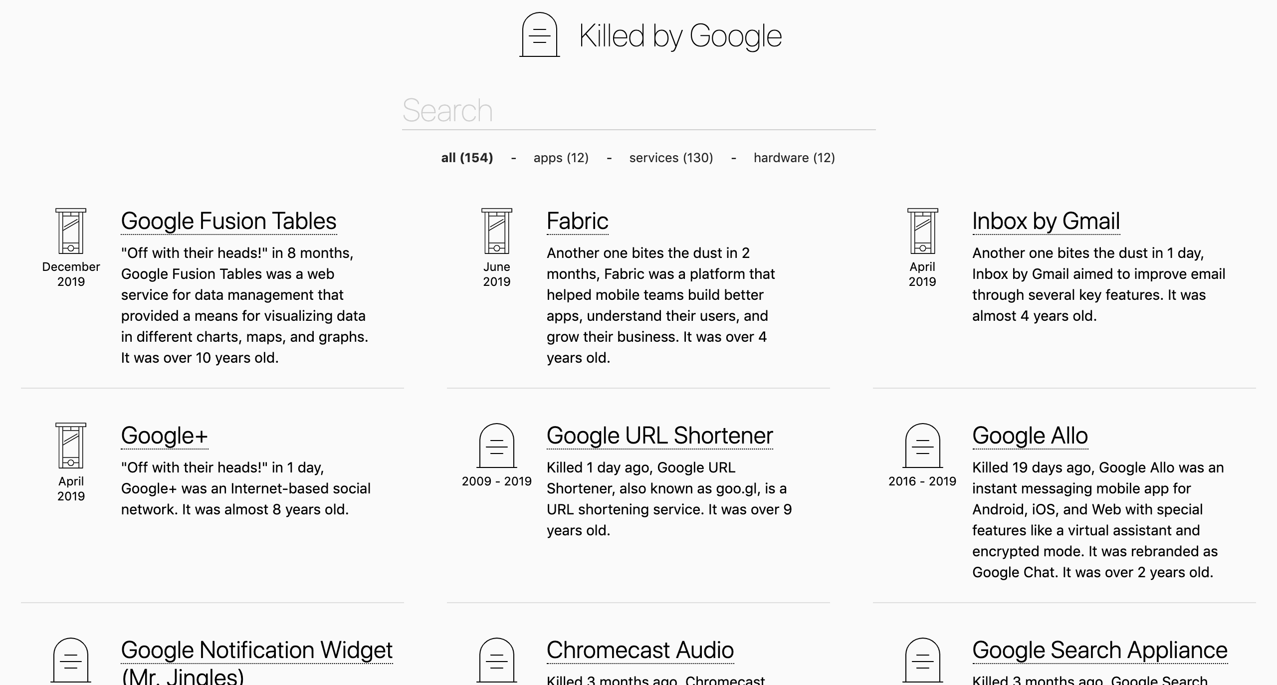 Killed By Google: schermata principale