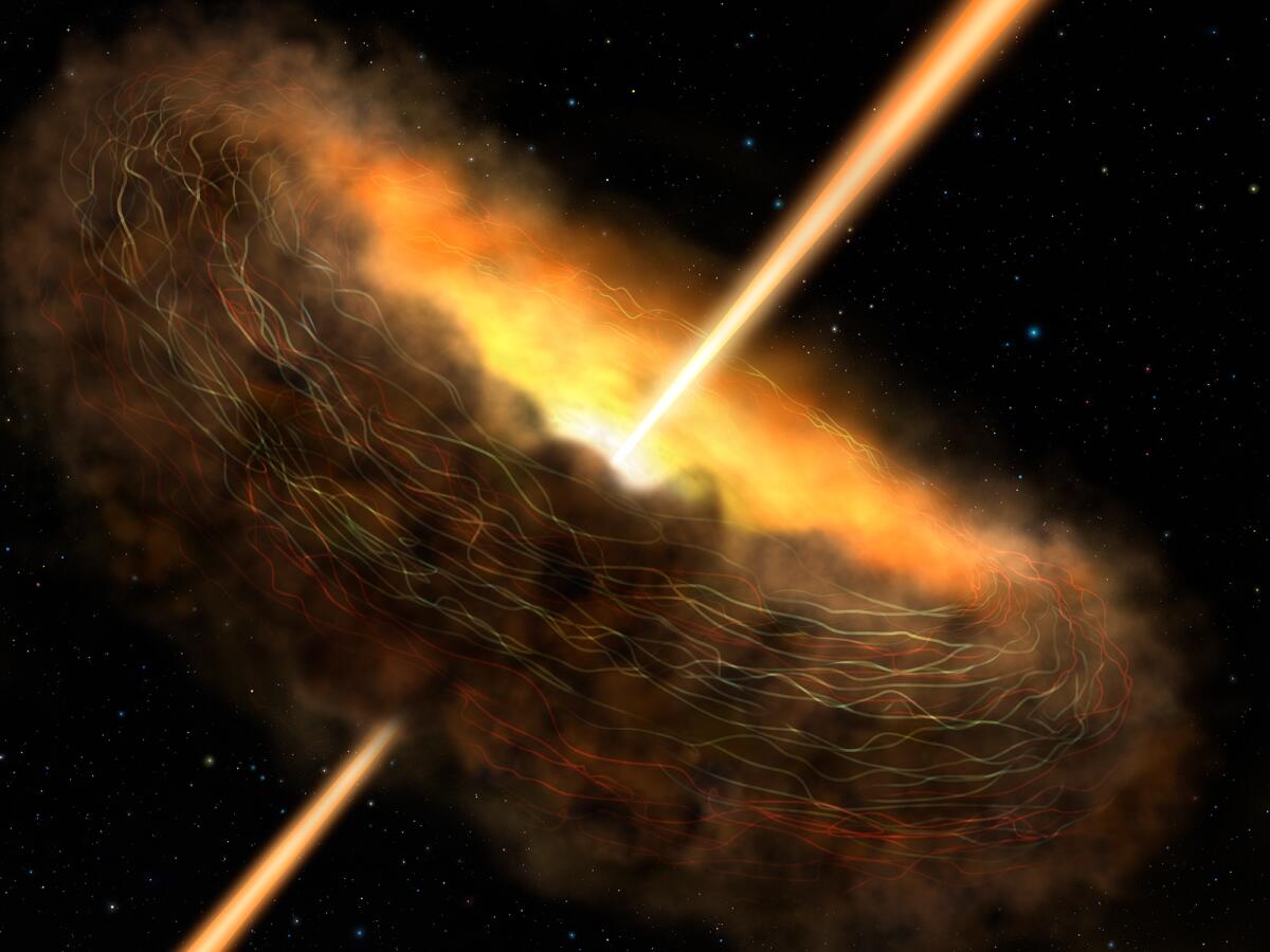Che cos'è il toroide che circonda il buco nero di Cygnus A? - Illustrazione del buco nero e del cuore di Cygnus A.

Crediti: NASA