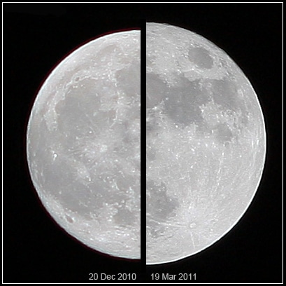 A sinistra, una Luna dalle nromali dimensioni. A destra, la Superluna dle 19 marzo 2011. Credits: Wikipedia