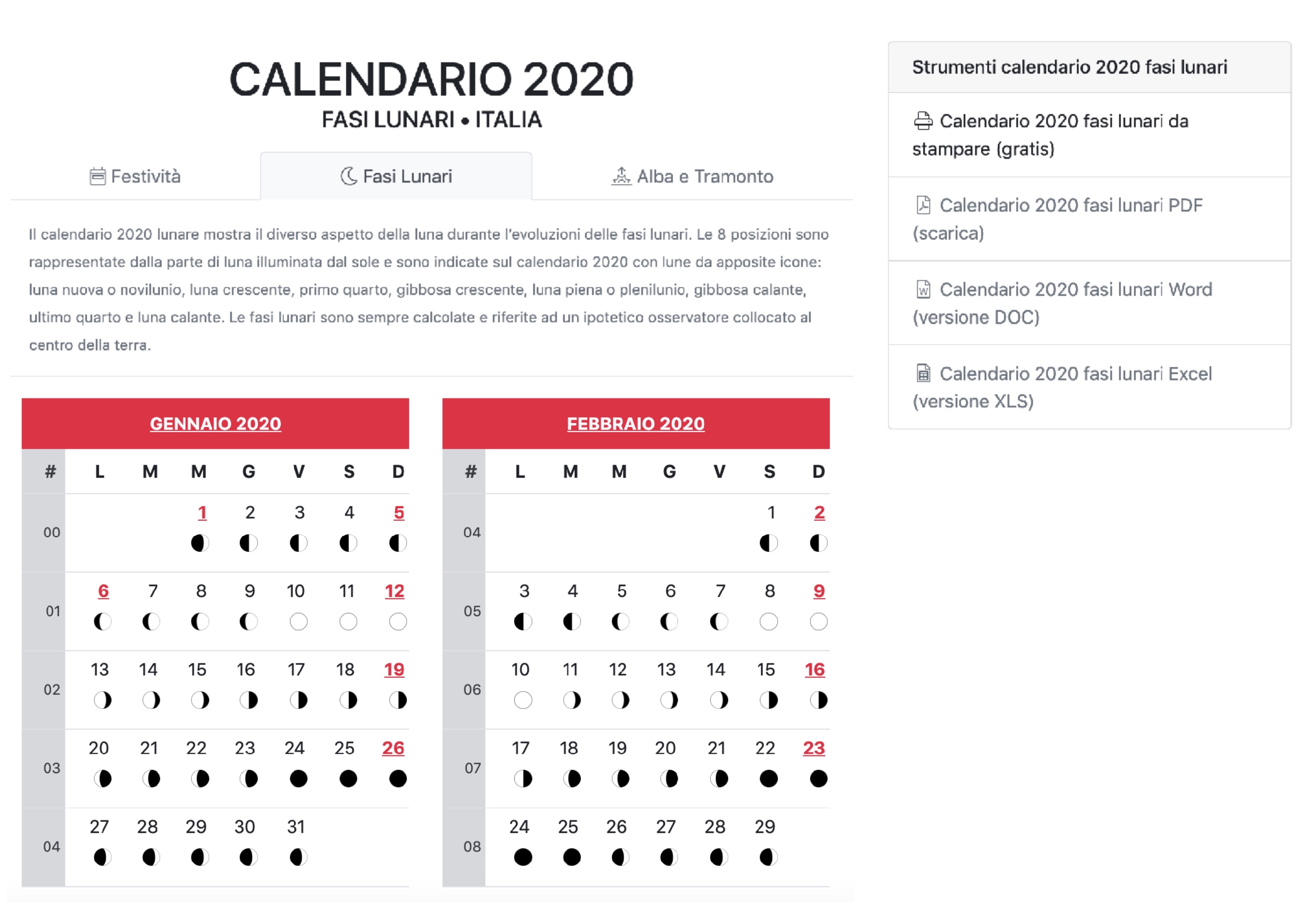 Schermata principale di Calendario 2020. Credits: https://it-it.calendario-2020.info/year/fasi-lunari