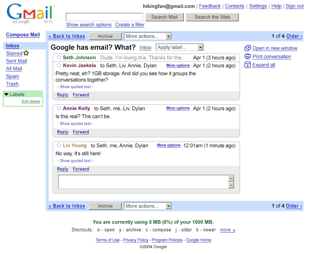 La prima versione di Gmail. Credits: blog.google.com