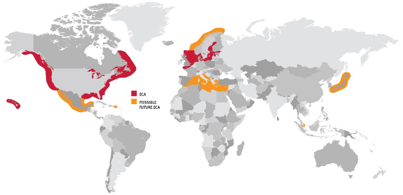 Mappa delle zone di controllo ECA (rosso) e delle possibili future zone a rischio (arancio). IMG: www.researchgate.net
