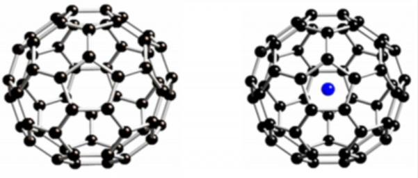 Rappresentazione digitale di: molecola di C60 (sinistra) e molecola di N@C60 (destra) / N Kuganathan. Density Functional Theory (DFT) modelling of C60 and N@C60 . The Internet Journal of Nanotechnology. 2008 Volume 3 Number 1.