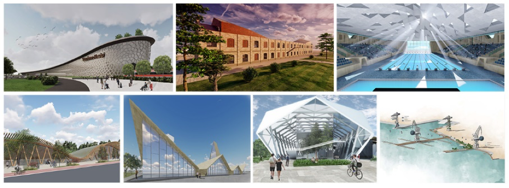 Le proposte progettuali, a partire dall’alto a sinistra: la nuova stazione Nasisi, il TAMS, il nuovo Stadio del Nuoto. Sotto: l’area parking, il Polo Medicina del Lavoro e Residenziale, la Fiera del Mare, il waterfront. PH: www.spazigreen-tosi.it