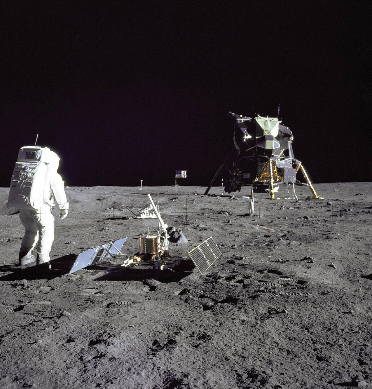 Alla scoperta dell'equipaggio dell'Apollo 11: Buzz Aldrin - Astronaut and Lunar Module pilot Buzz Aldrin is pictured during the Apollo 11 extravehicular activity on the moon. He had just deployed the Early Apollo Scientific Experiments Package. In the foreground is the Passive Seismic Experiment Package; beyo