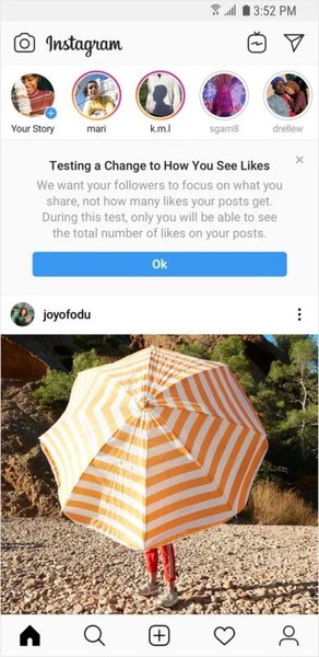 Messaggio di Instagram quando viene aperta l'applicazione: "Stiamo testando un nuovo modo di vedere i likes". Credits: http://www.fotozona.it