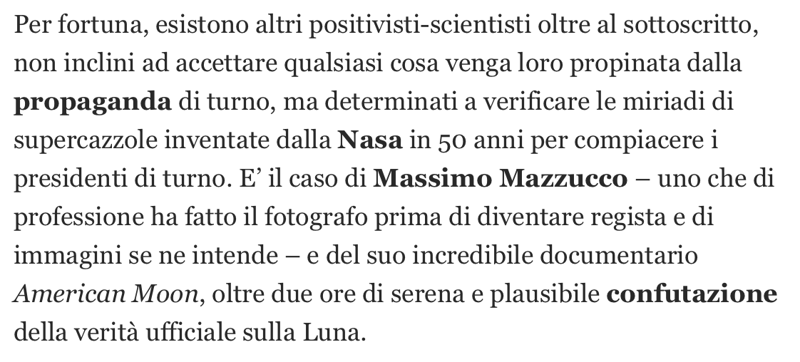 Spezzone dell'articolo di Ivo Mej, secondo cui l'uomo non è mai stato sulla Luna. Credits: ilfattoquotidiano.it