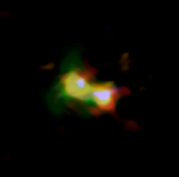 La più antica collisione tra galassie mai osservata prima, oggi un oggetto chiamato B14-65666, a 13 miliardi di anni luce, crediti: almaobservatory.org