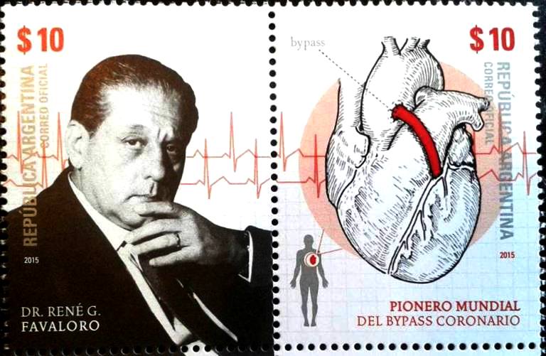 Un francobollo celebrativo con René Favaloro a sinistra e un'illustrazione del by-pass a destra, crediti: meteoweb.eu