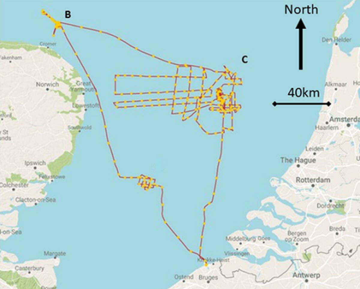 Atlantide, la scoperta nel Mare del Nord - Figura 2 La rotta della nave RV Belgica mostra le aree di indagini dettagliate (Map data ©2019 Google and VLIZ/Europe’s Lost Frontiers).
