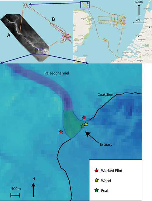 Figura 3: Il "Southern River" mostra un'immagine della valle (A), e linee di rilevamento sismico sulla valle (B) (© Europe’s Lost Frontiers/VLIZ)
