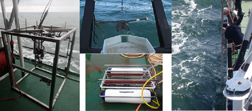 Figura 1 Equipaggiamento usato a bordo della RV Belgica. Da destra a sinistra. Ecoscandaglio parametrico, sparker, grab e videoframe (© Simon Fitch, Europe’s Lost Frontiers).