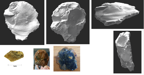 Figura 4: Manufatti in pietra dall'area dell'estuario del "Southern River". In basso a sinistra c'è un piccolo frammento di selce. Le altre foto e le immagini di scansione 3D sono di un frammento più grande di selce, probabilmente usato come martello di p