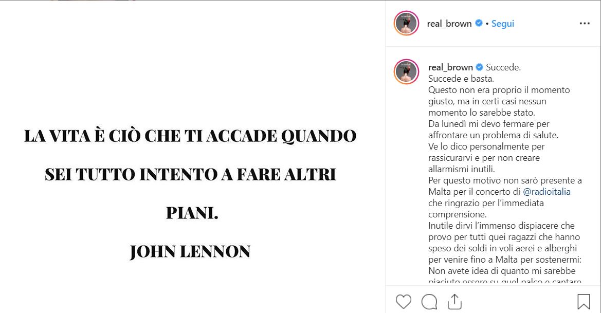 Post di Instagram pubblicato da Emma Marrone in cui annuncia di prendersi una pausa per problemi di salute