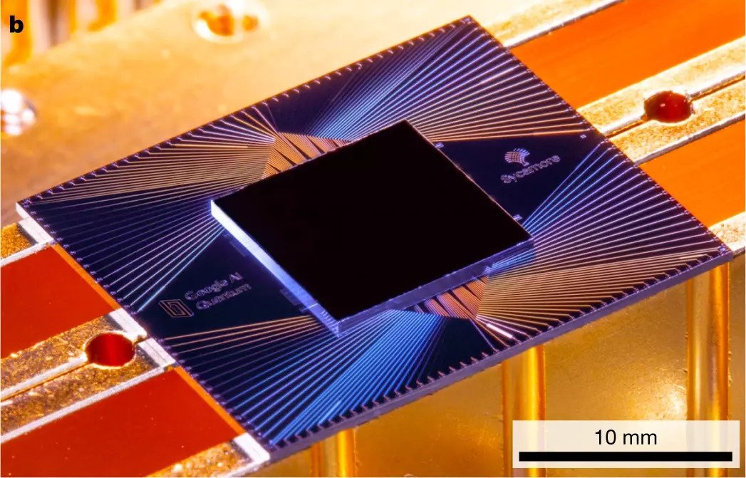 Layout del processore, che mostra un array rettangolare di 54 qubit (grigio), ciascuno collegato ai suoi quattro accoppiatori più vicini (blu). Credits: Google