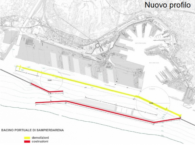Nuovo profilo della Diga Foranea: in rosso la nuova costruzione, in giallo le demolizioni.