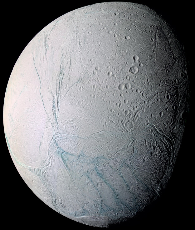 Encelado, il satellite naturale di Saturno.Crediti: NASA/JPL/Space Science Institute