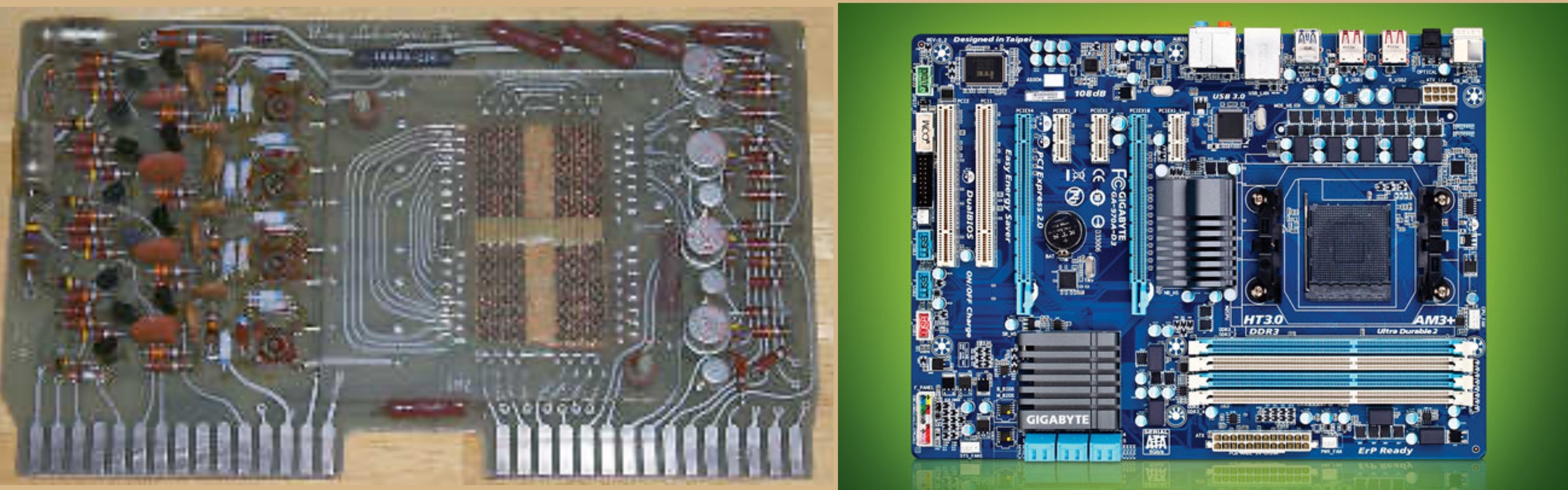 A sinistra la 360E Core Memory Board. Credits: www.oldcalculatormuseum.com. A destra l'AMD: Gigabyte GA-970A-D3. Credits: www.pcworld.com/