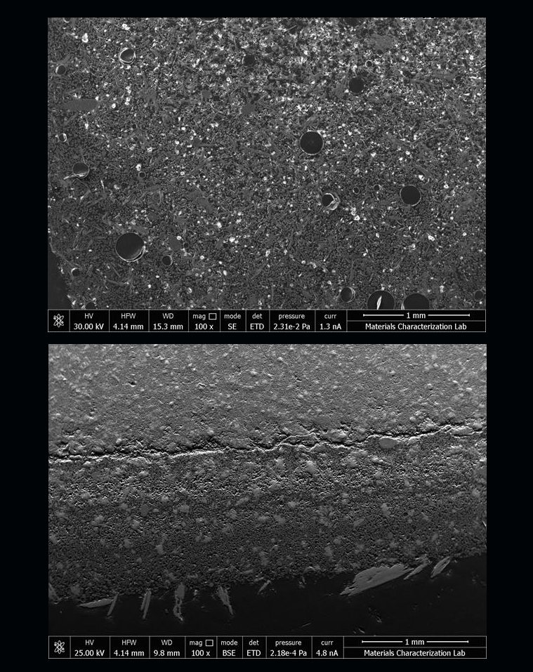 Confronto tra cemento spaziale (sopra) e cemento terrestre (sotto). PH: nasa.gov