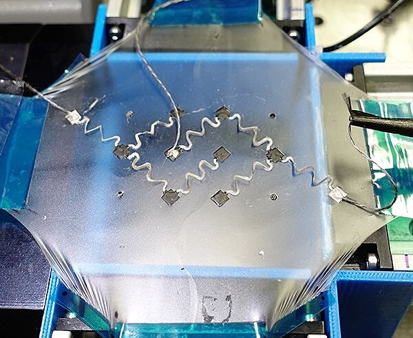 Studio delle proprietà meccaniche ed elettorniche della cella sotto deformazione. Credits: Xiaohong Chen, Département de chimie moléculaire (CNRS/Université Grenoble Alpes)