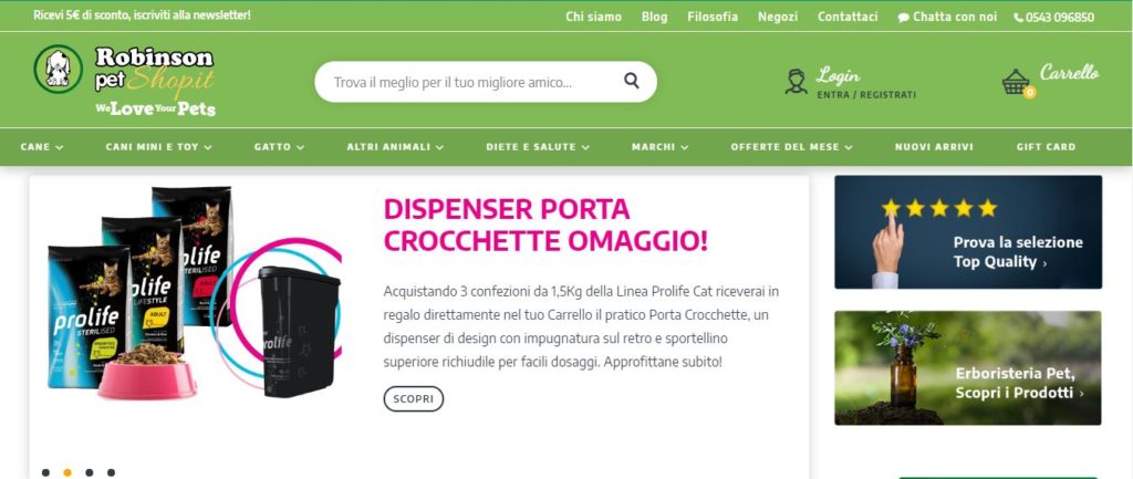 Interfaccia della schermata di Robinson Pet Shop per il pet shopping online.Crediti: www.robinsonpetshop.it