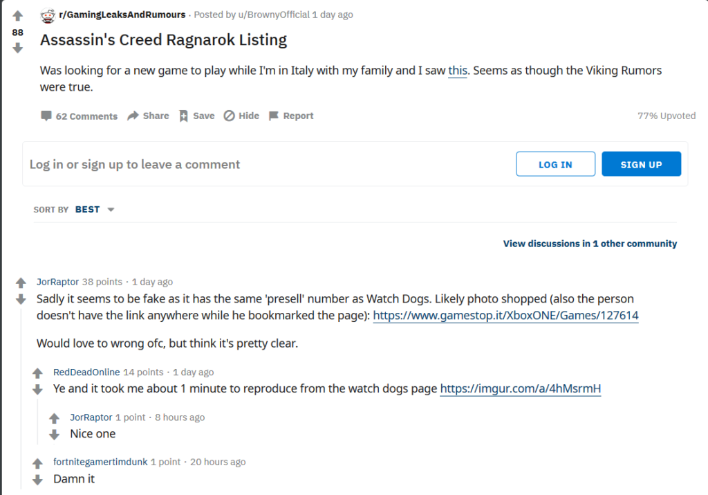 Post su Reddit della fake news sulla prevendita di GameStop per "Assassin's Creed Ragnarok"