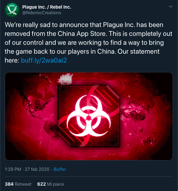 Plague Inc. rimosso da tutti gli store cinesi
