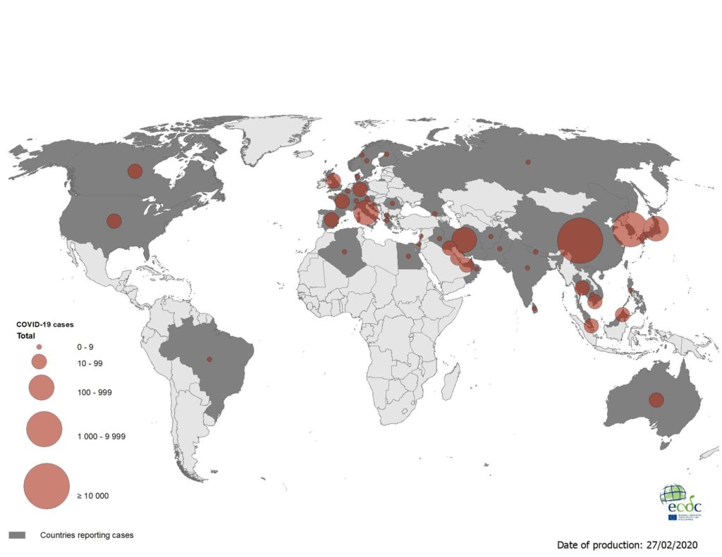 Distribuzione geografica di casi di COVID-19 nel mondo, al 27 febbraio 2020. Credits: cdc.europa.eu