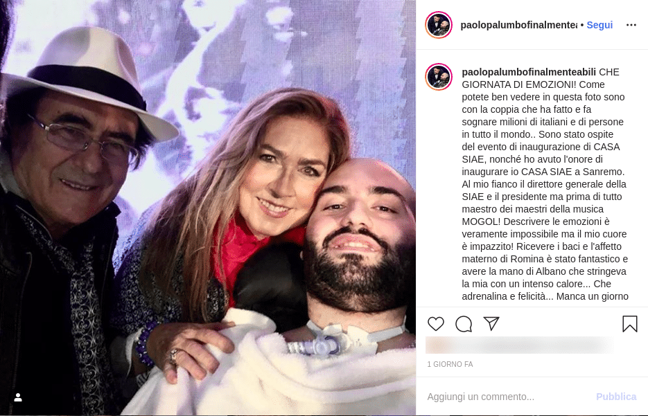 Paolo Palumbo con Albano e Romina al Festival di Sanremo (crediti: profilo Instagram paolopalumbofinalmenteabili)