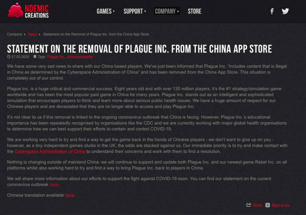 Plague Inc. rimosso da tutti gli store cinesi