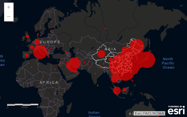 La mappa realizzata dalla Johns Hopkins University che monitora diffusione e casi di coronavirus nel mondo (crediti: Johns Hopkins University)