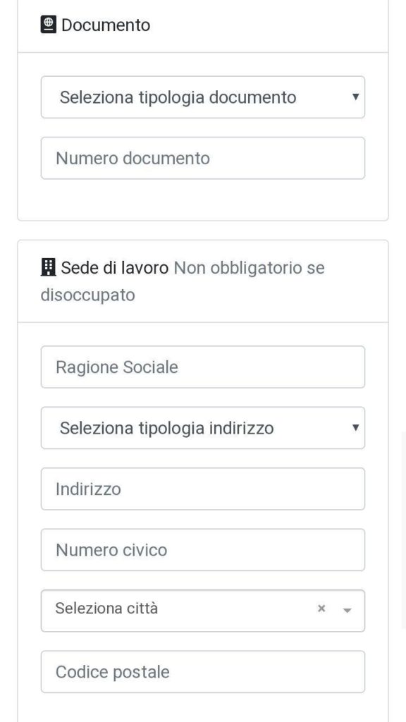Insertimento documento e sede lavorativa