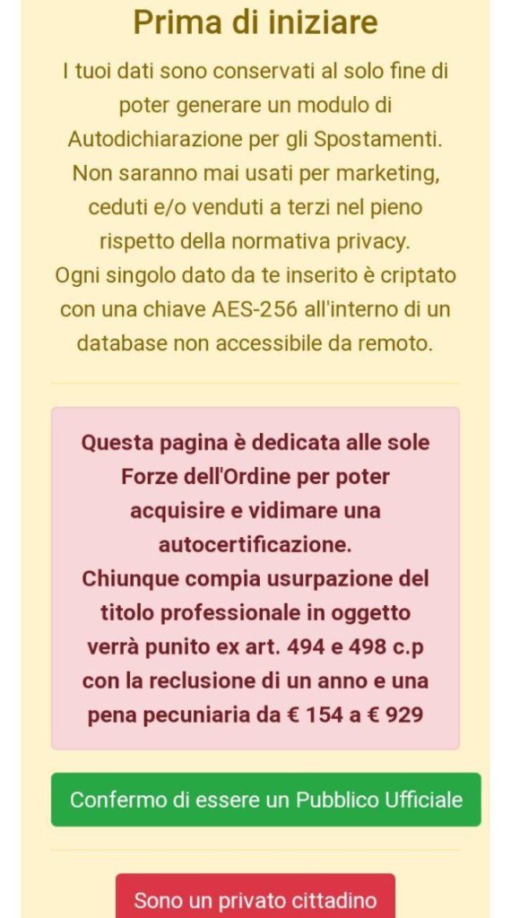 Messaggio presente alla selezione del profilo Pubblico Ufficiale