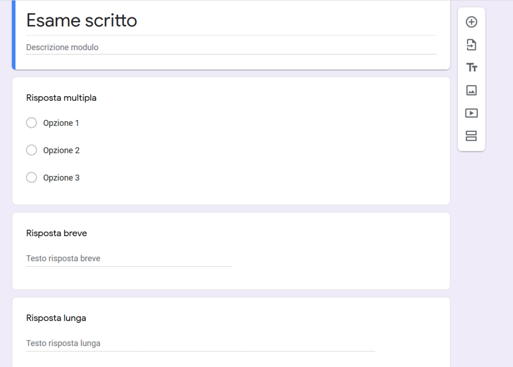 Modulo di Google per domande a scelta multipla o libera