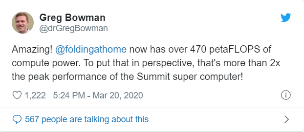 L'entusiastico tweet di Gre Bowman, ricercatore a capo del progetto Folding@Home.
