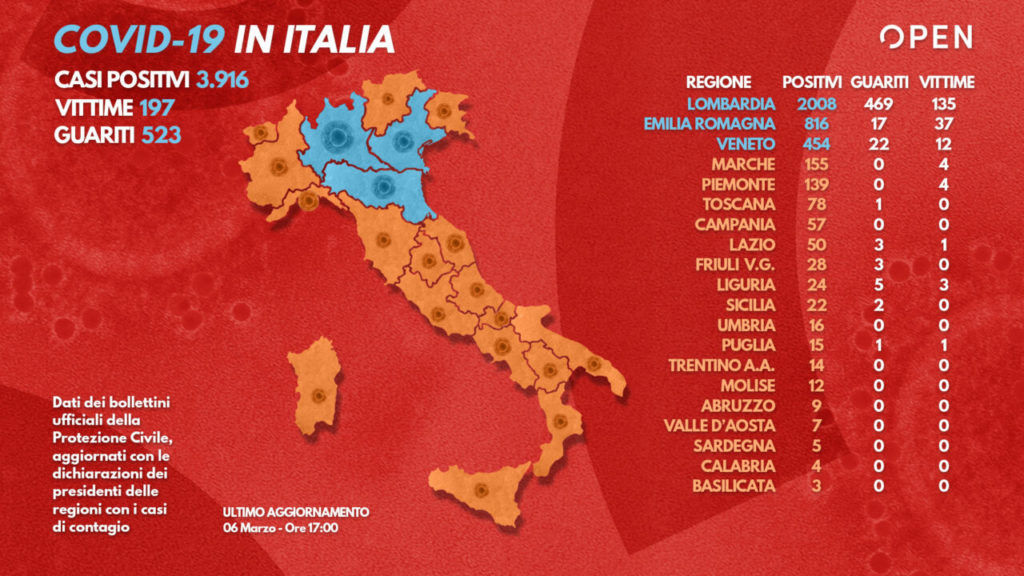 Mappa contagio da covid-19 aggiornata al 6/03 ore 17:00 Credits:open.online