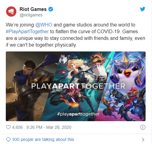 Il tweet di Riot Games per supportare l'iniziativa dell'OMS.