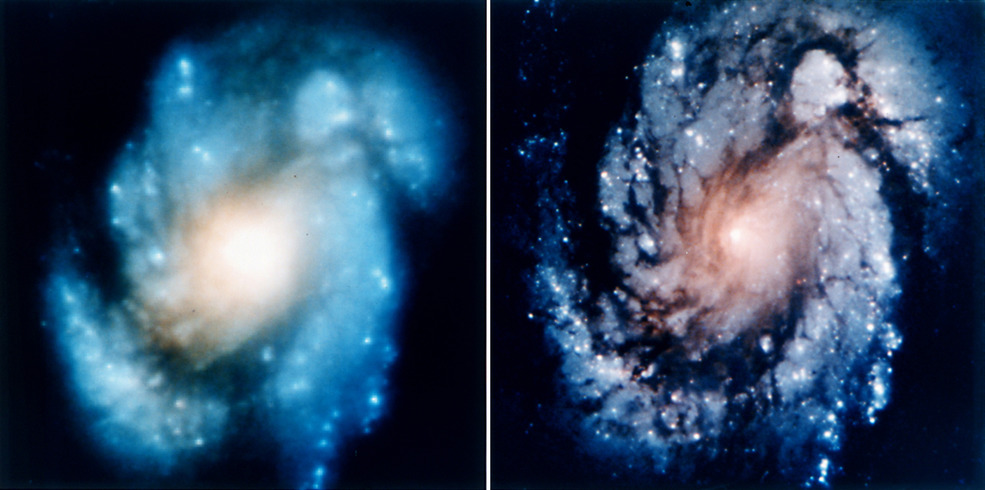 A sinistra l'immagine originale prodotta da Hubble, a destra la stessa immagine dopo l'elaborazione software. Credits: NASA