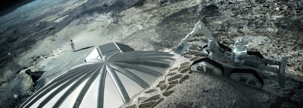 Robot lunare che stampa in 3D la copertura di una cupola. Credits: European Space Agency