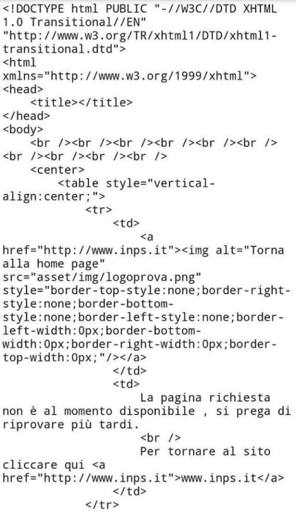 Come veniva visualizzata la home page dell'INPS questa mattina, dopo il crash del sito