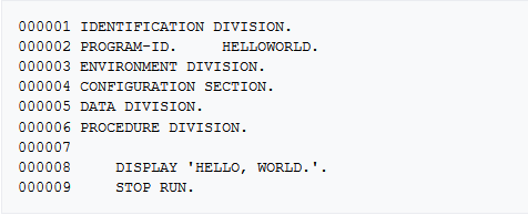 Un esempio di codice COBOL che stampa "Hello World".