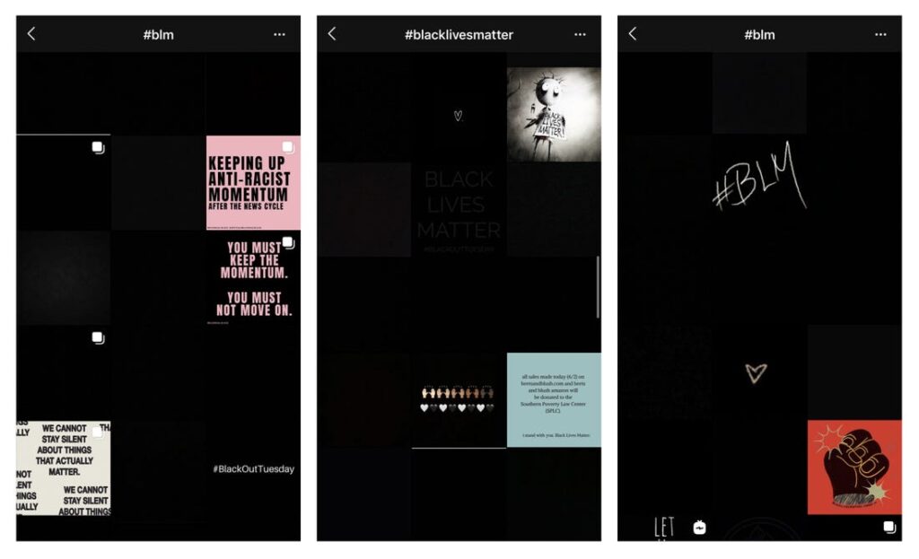 Quando si prova a cercare gli hashtag #BlackLivesMatter e #BLM appaiono quasi solo immagini nere. Credits: www.insider.com