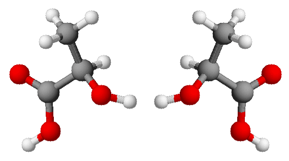 Modelli molecolari dei due enantiomeri dell'acido lattico, crediti: Wikipedia